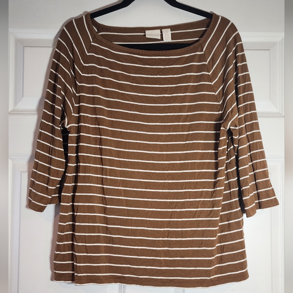 Chico's Brown and White Striped 3/4 Sleeve Top